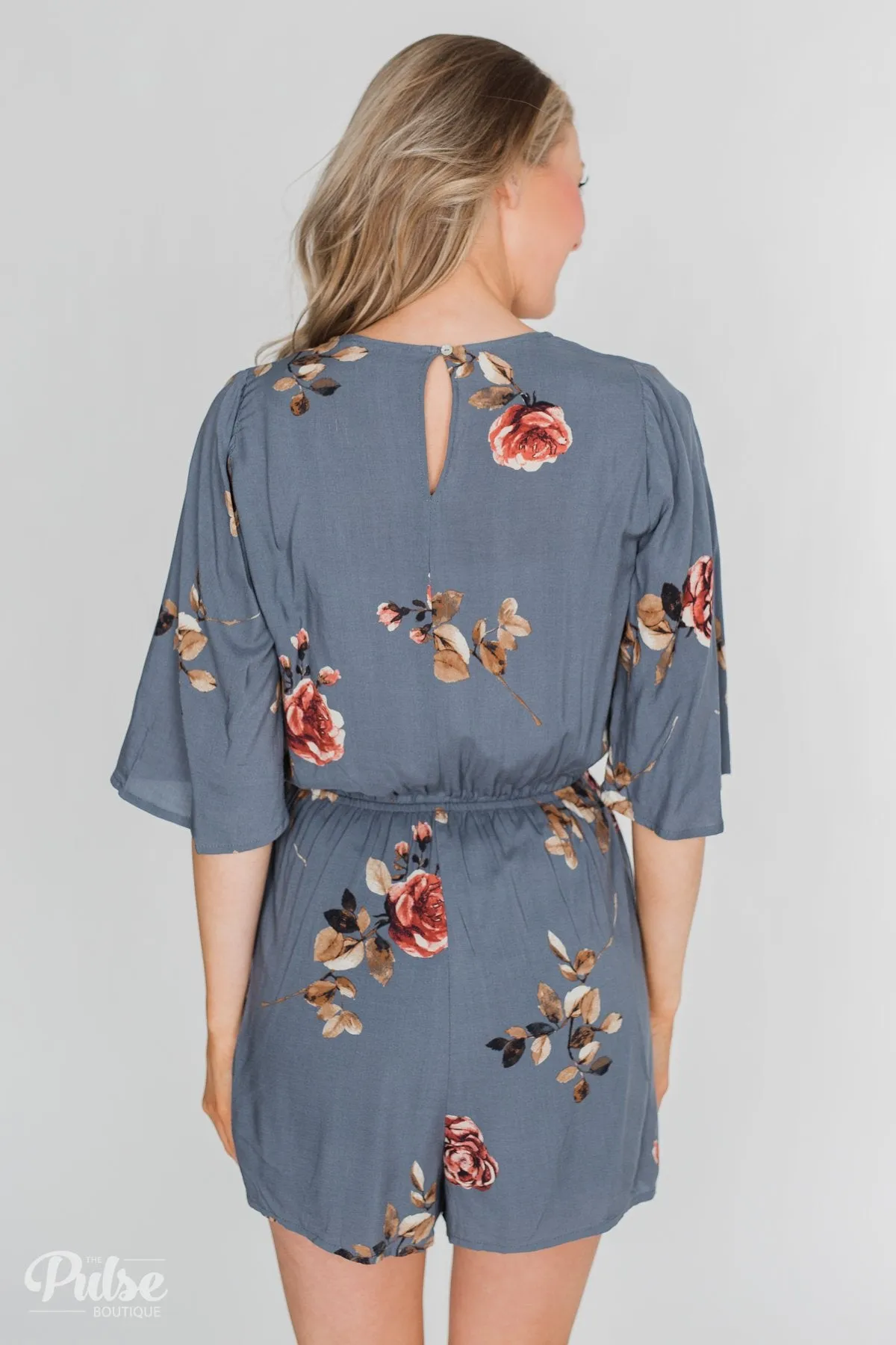 Bloom Where You're Planted Floral Romper - Steel Blue