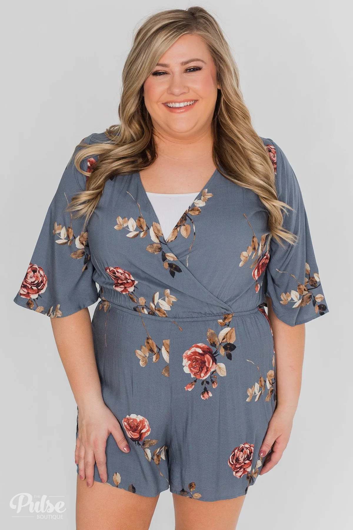 Bloom Where You're Planted Floral Romper - Steel Blue
