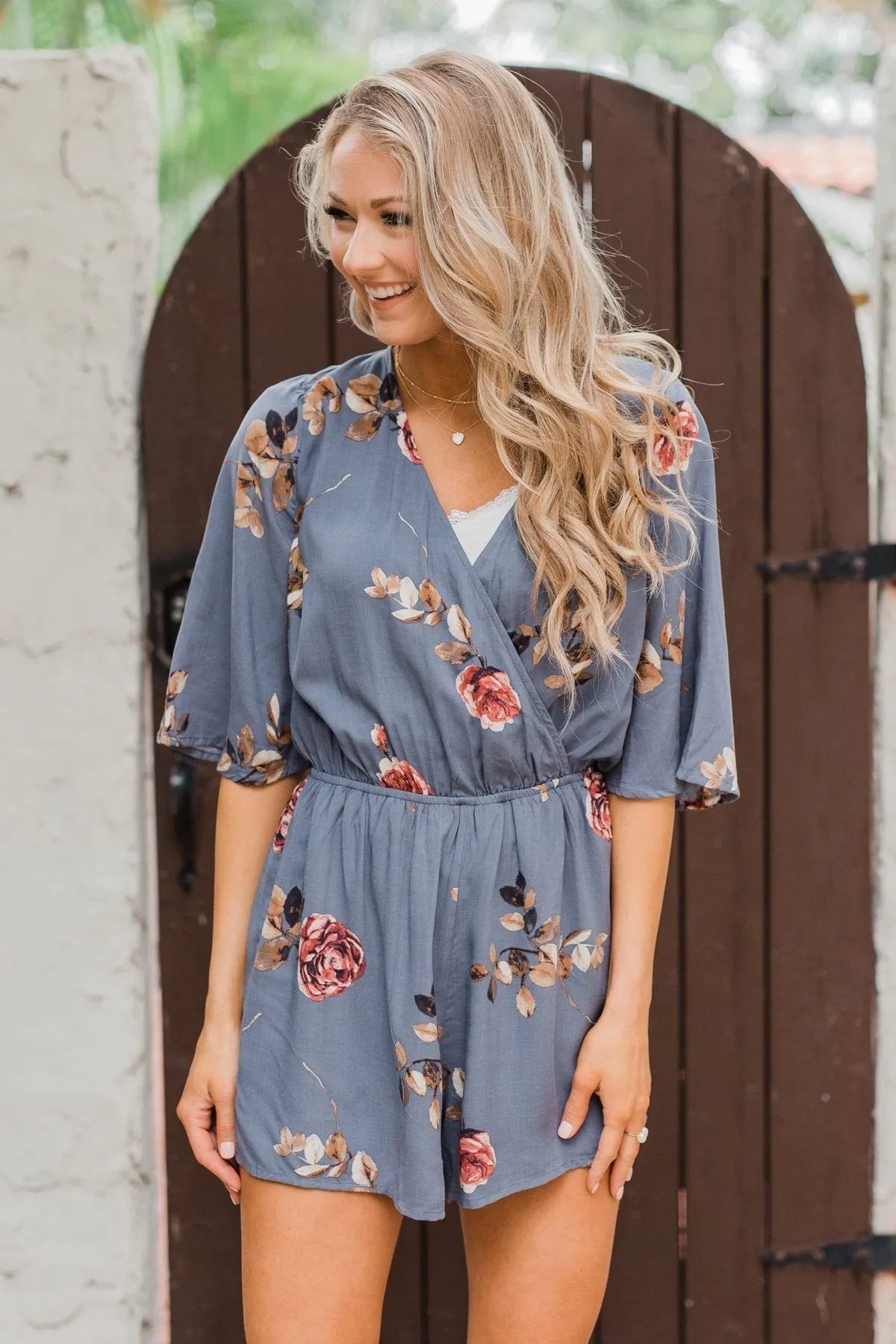 Bloom Where You're Planted Floral Romper - Steel Blue
