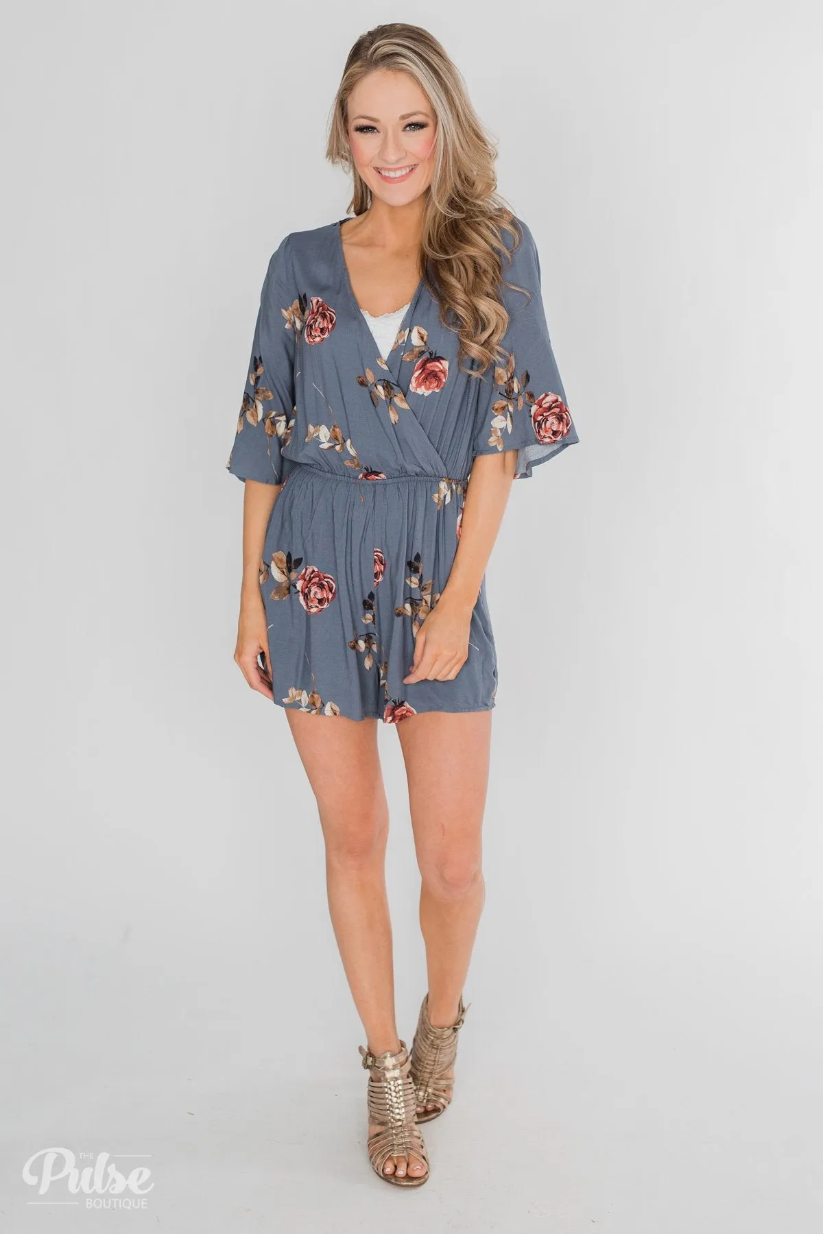Bloom Where You're Planted Floral Romper - Steel Blue