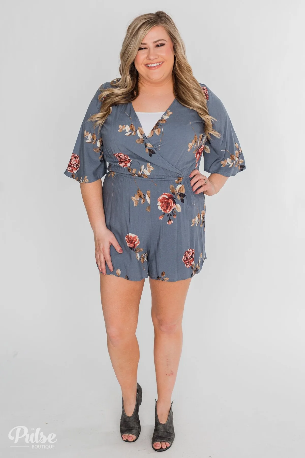 Bloom Where You're Planted Floral Romper - Steel Blue