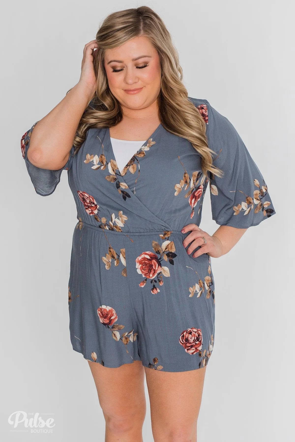 Bloom Where You're Planted Floral Romper - Steel Blue