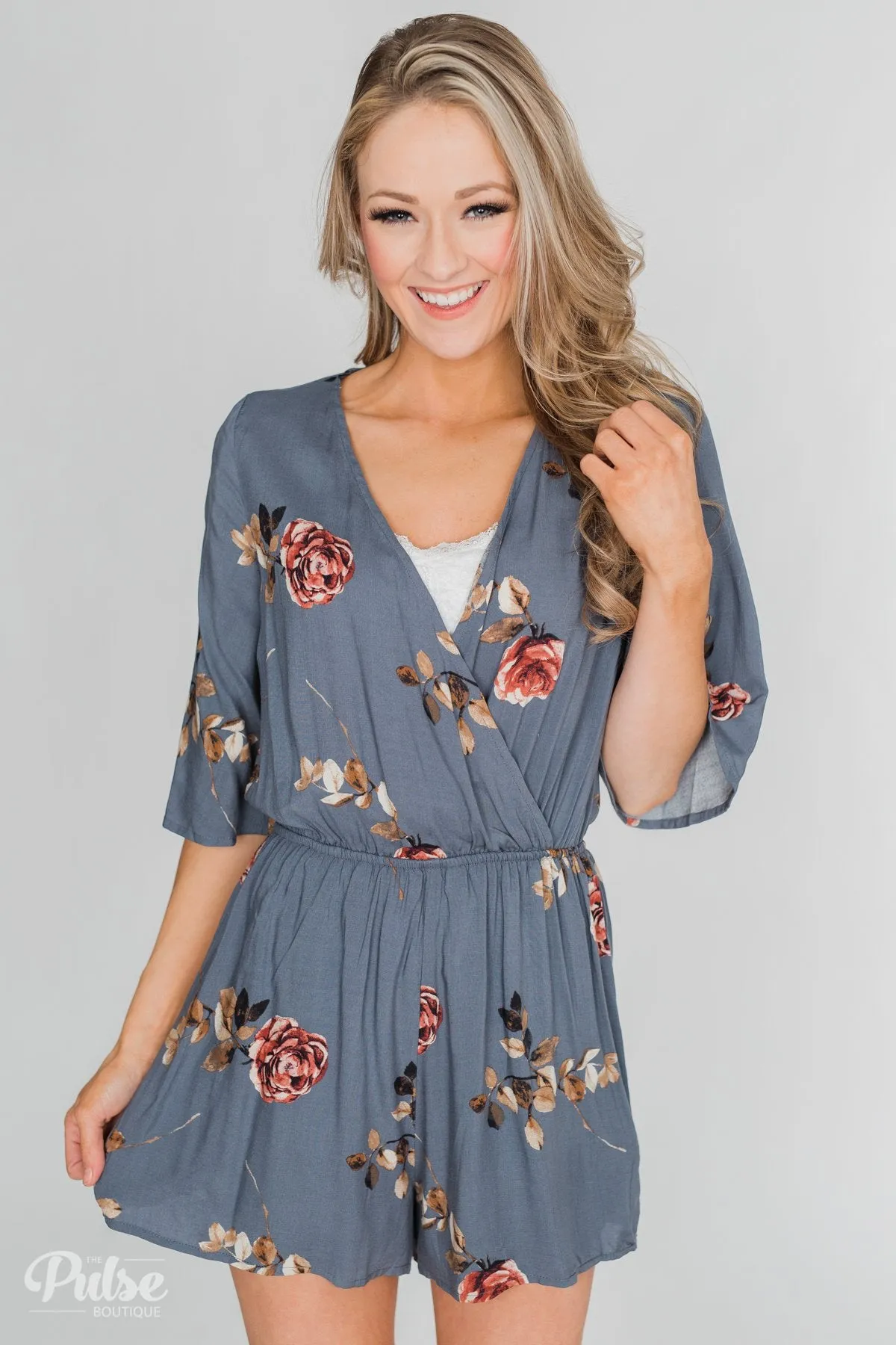 Bloom Where You're Planted Floral Romper - Steel Blue