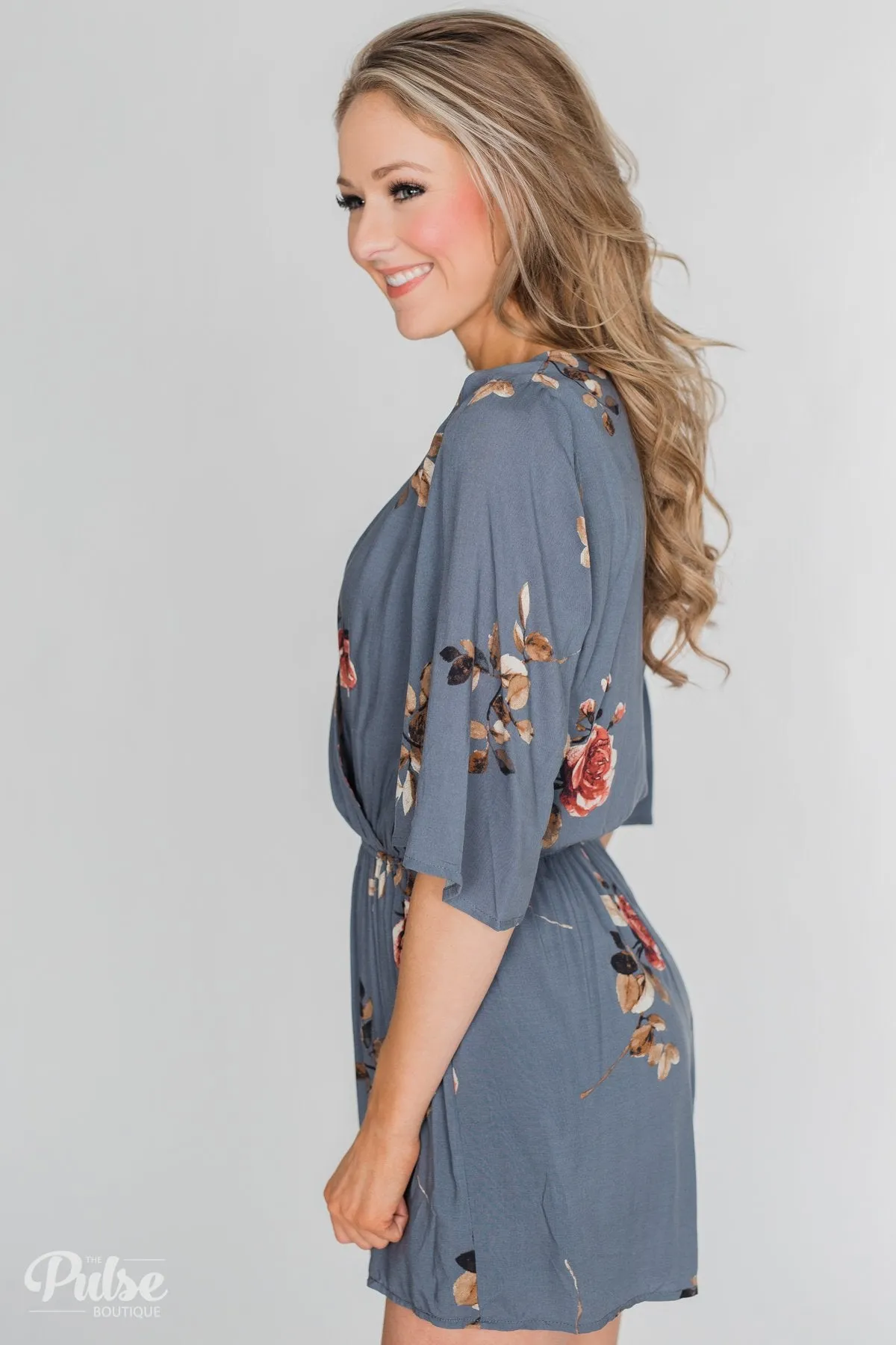 Bloom Where You're Planted Floral Romper - Steel Blue