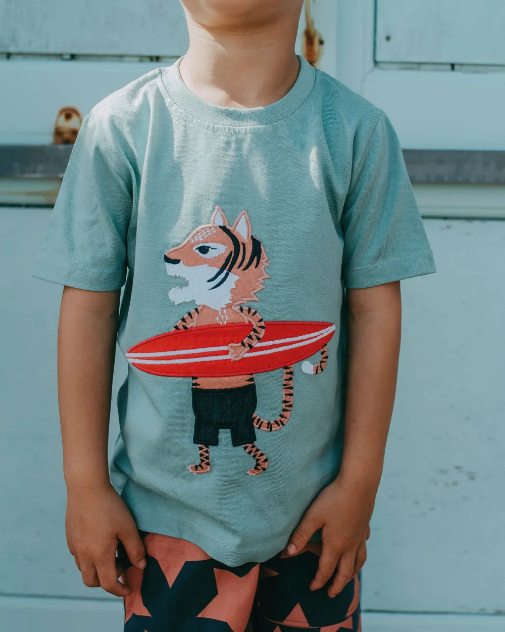 Blue Surfing Tiger Print T-Shirt