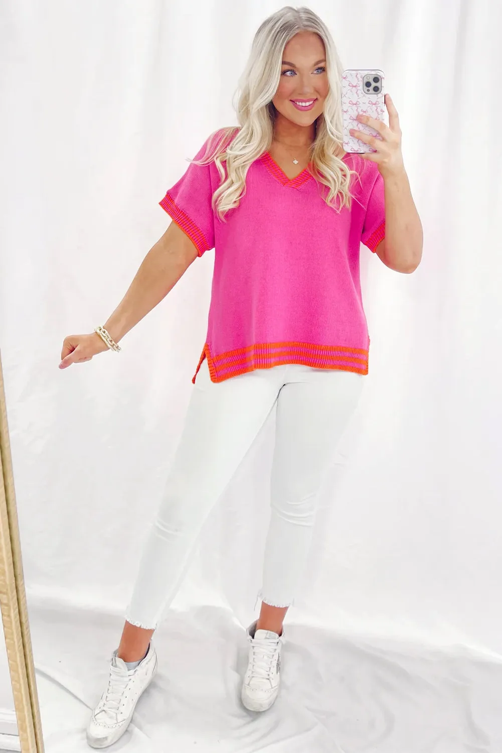 Bright Pink Contrast Trim V Neck Short Sleeve Knitted Summer Top