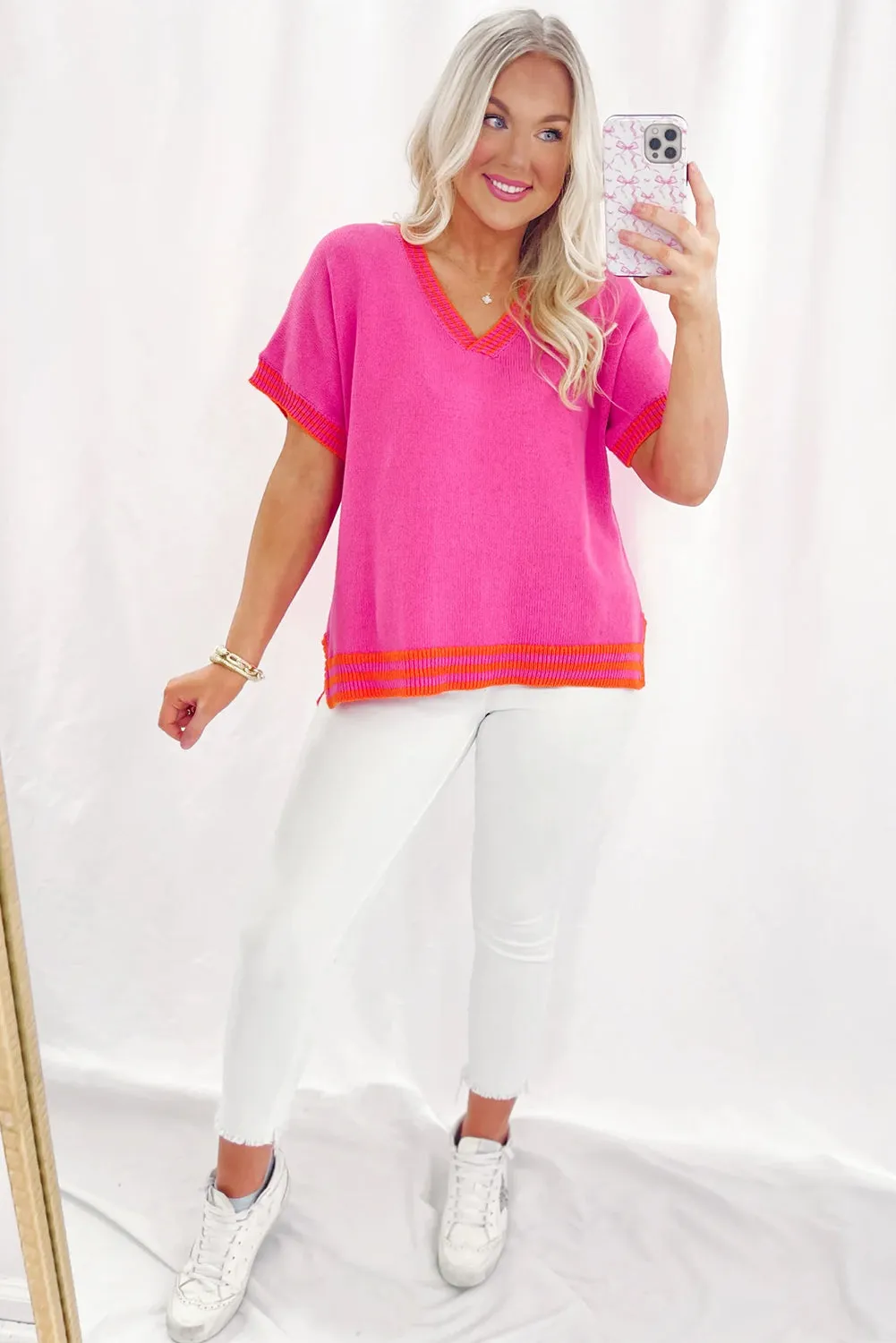 Bright Pink Contrast Trim V Neck Short Sleeve Knitted Summer Top