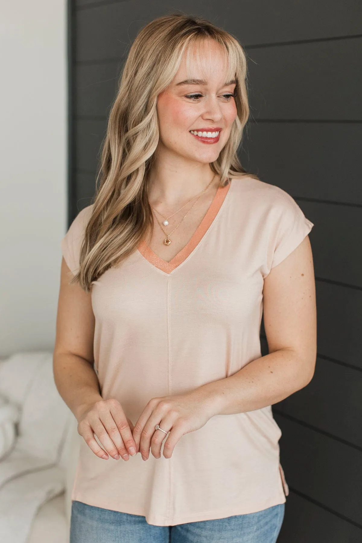 Bring Me Love V-Neck Top- Light Peach
