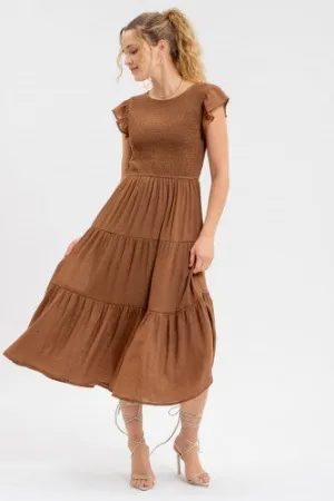 Brown Smocked Tiered Midi Dress
