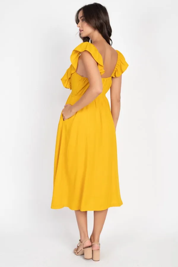 Button Front Ruffle Midi Dress
