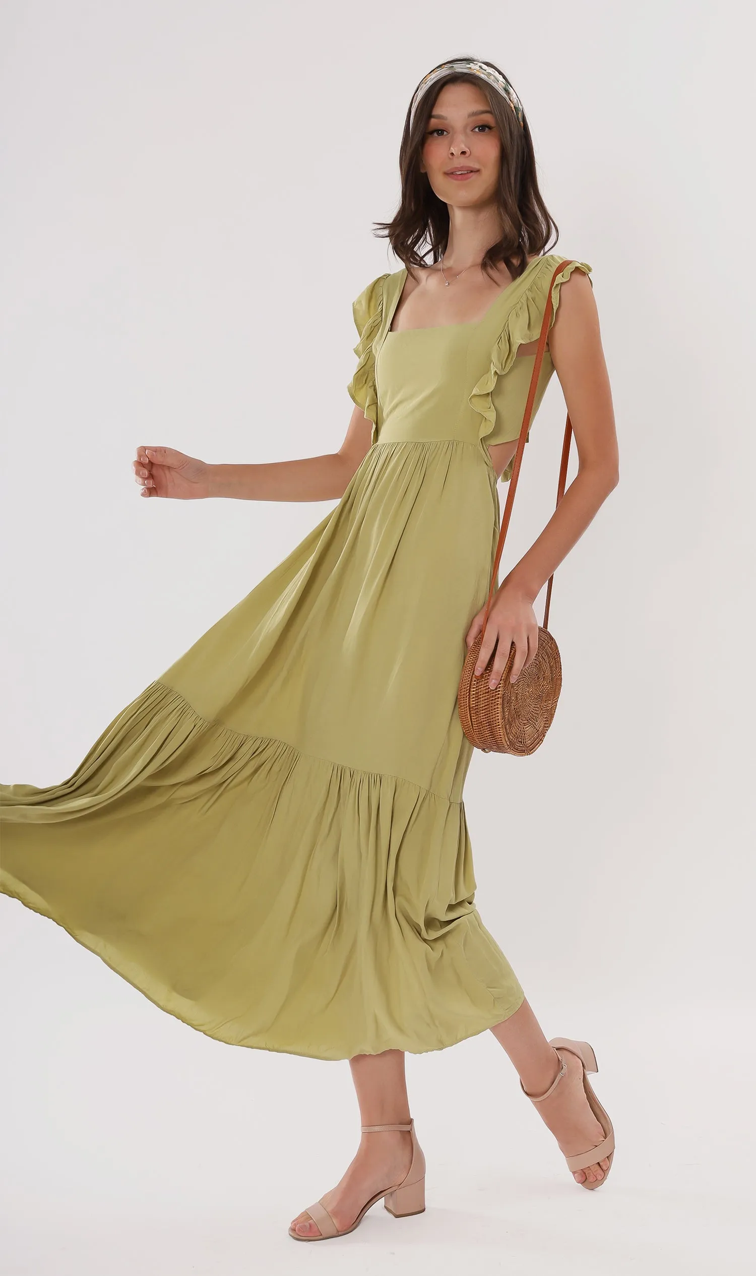 CAMDEN Ruffled-Sleeve Maxi Dress (Lime)
