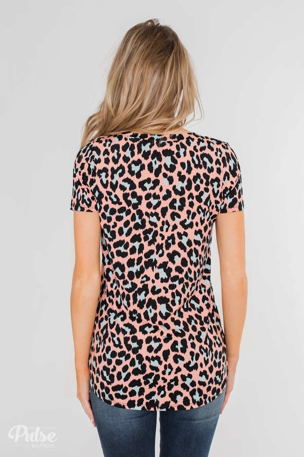 Can't Go Wrong V-Neck Leopard Top- Peach & Blue