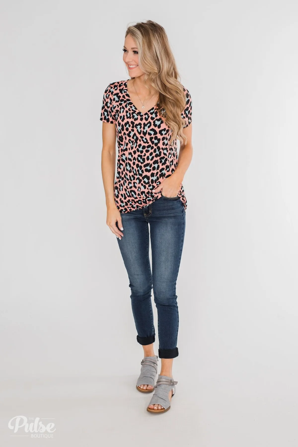 Can't Go Wrong V-Neck Leopard Top- Peach & Blue
