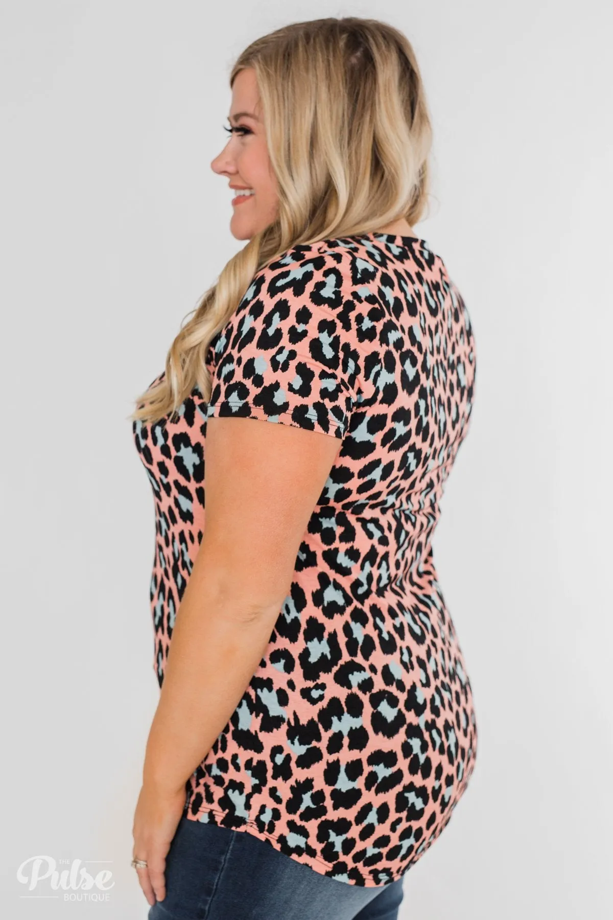 Can't Go Wrong V-Neck Leopard Top- Peach & Blue