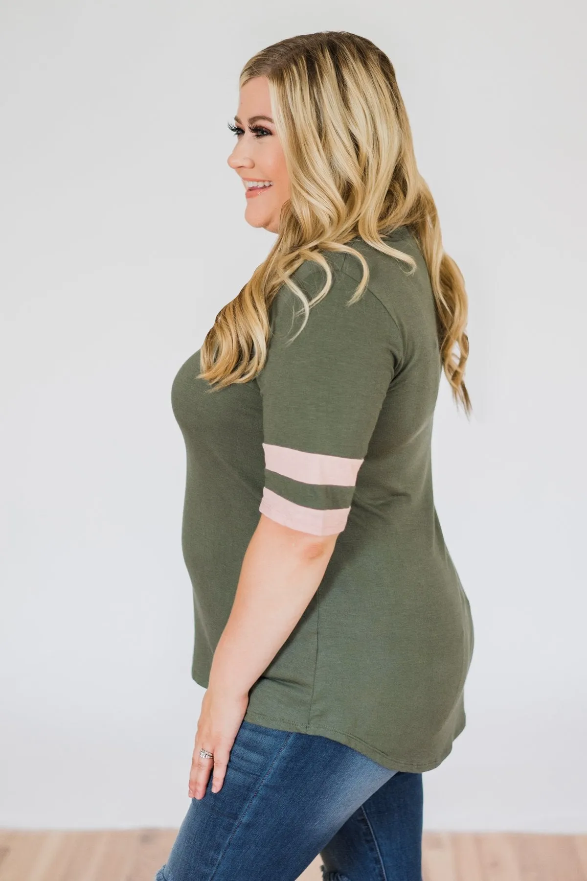 Change of Pace V-Neck Varsity Top- Hunter Green