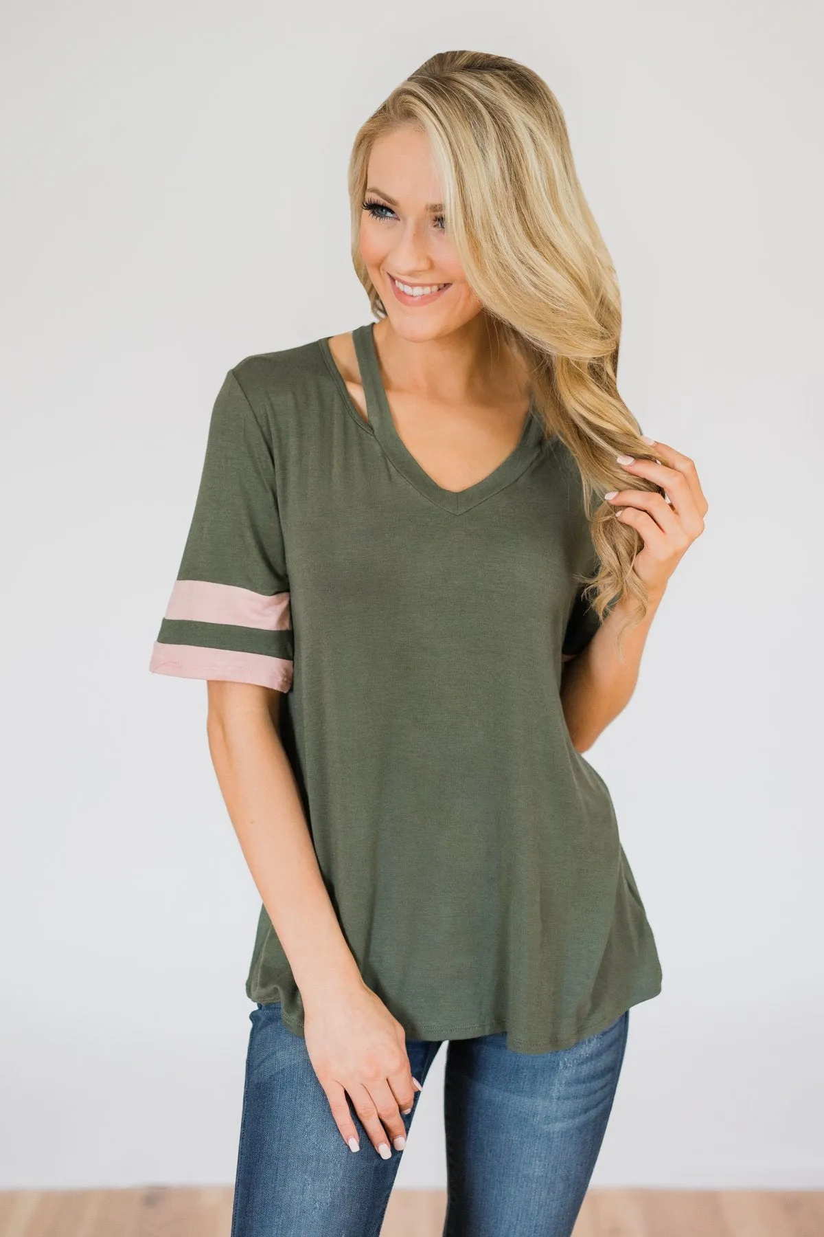 Change of Pace V-Neck Varsity Top- Hunter Green