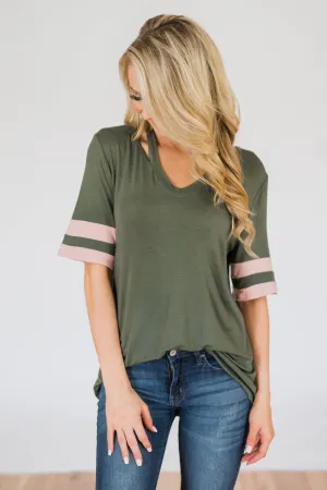 Change of Pace V-Neck Varsity Top- Hunter Green