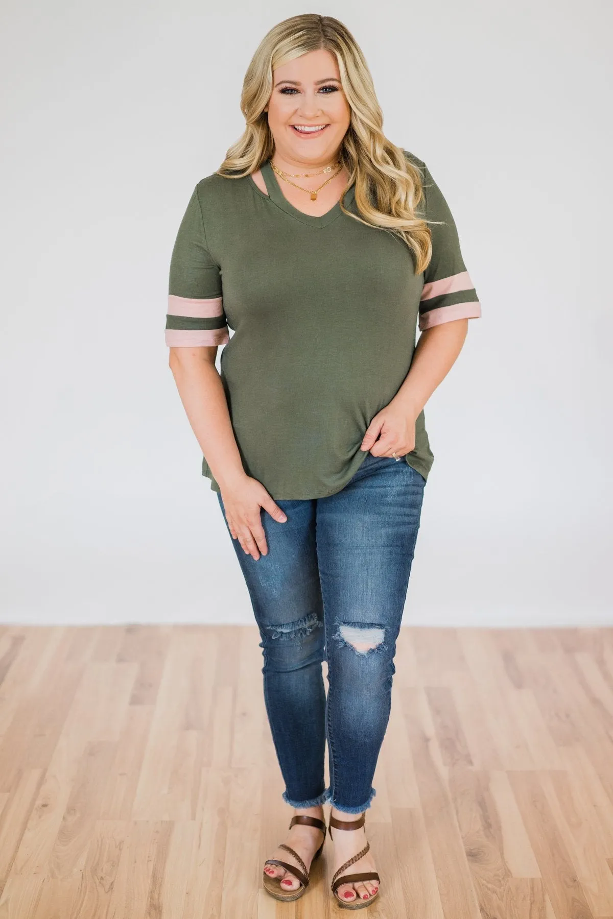 Change of Pace V-Neck Varsity Top- Hunter Green
