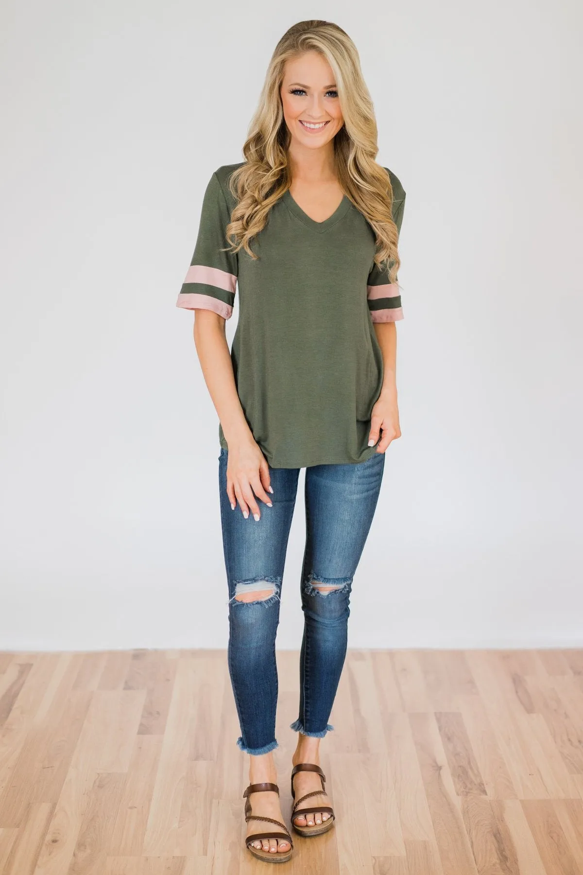 Change of Pace V-Neck Varsity Top- Hunter Green