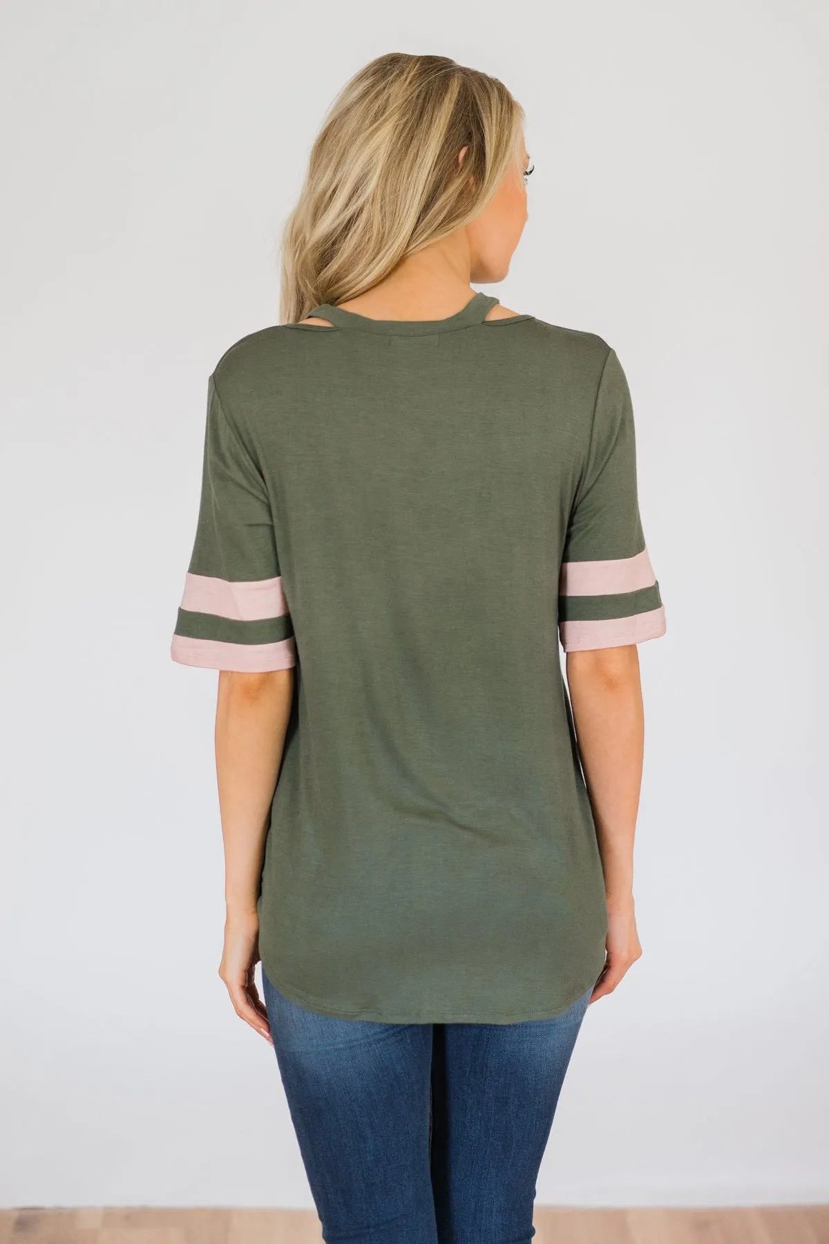 Change of Pace V-Neck Varsity Top- Hunter Green