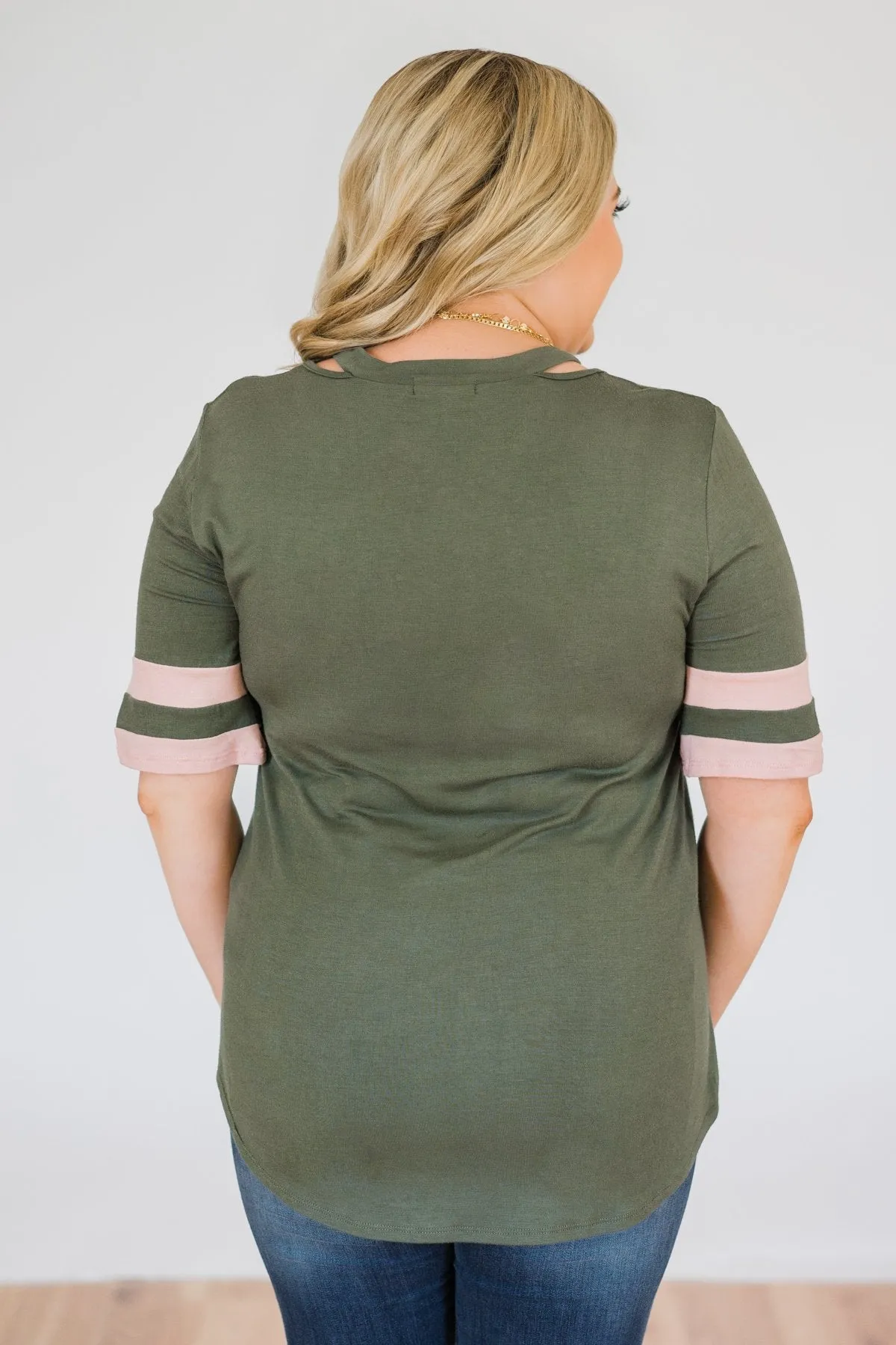 Change of Pace V-Neck Varsity Top- Hunter Green
