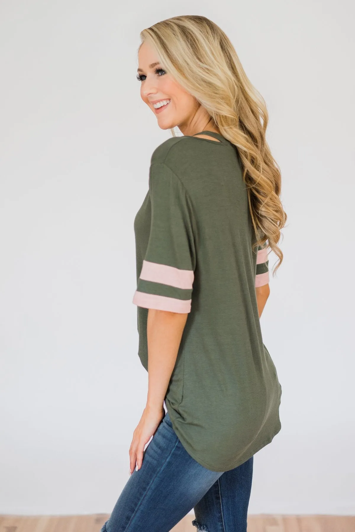 Change of Pace V-Neck Varsity Top- Hunter Green