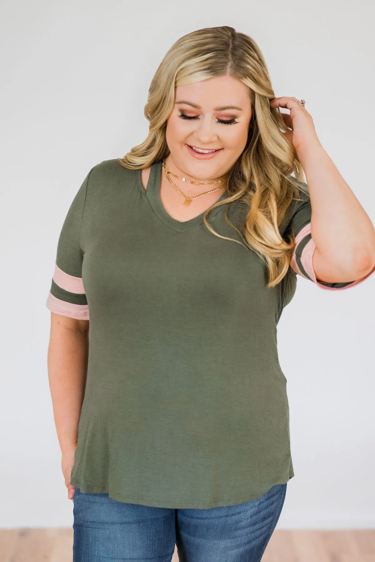 Change of Pace V-Neck Varsity Top- Hunter Green