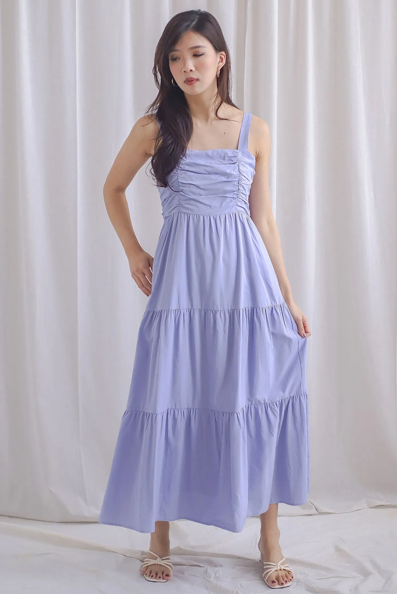 Charmion Spaghetti Ruched Tier Maxi Dress In Periwinkle