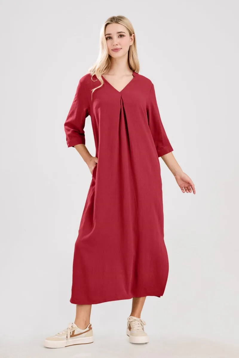 Chouyatou Womens Cotton Linen Maxi Dresses Casual Loose Fit V Neck 3/4 Sleeve Side Slit A Line Linen Long Dress