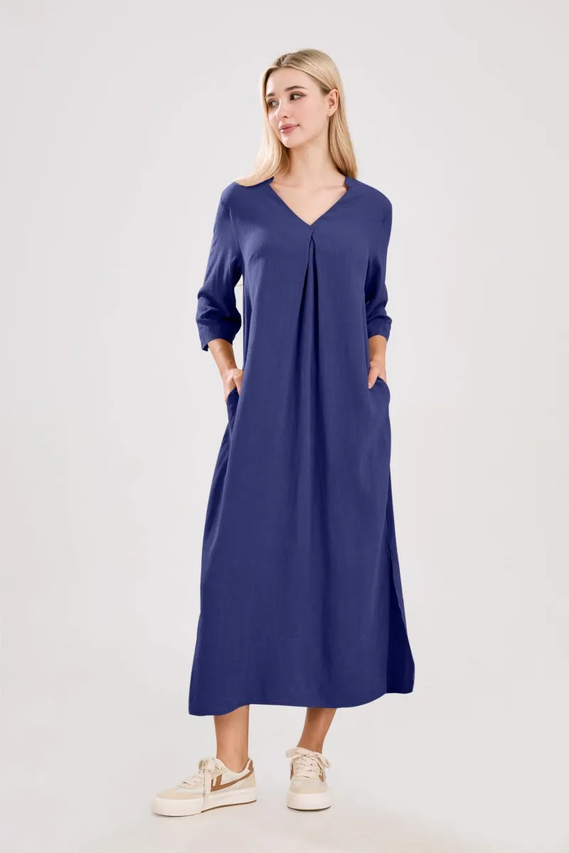 Chouyatou Womens Cotton Linen Maxi Dresses Casual Loose Fit V Neck 3/4 Sleeve Side Slit A Line Linen Long Dress