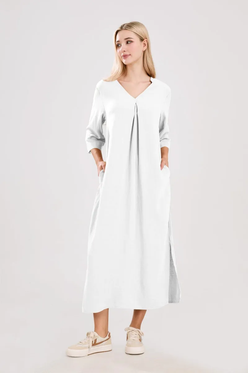 Chouyatou Womens Cotton Linen Maxi Dresses Casual Loose Fit V Neck 3/4 Sleeve Side Slit A Line Linen Long Dress