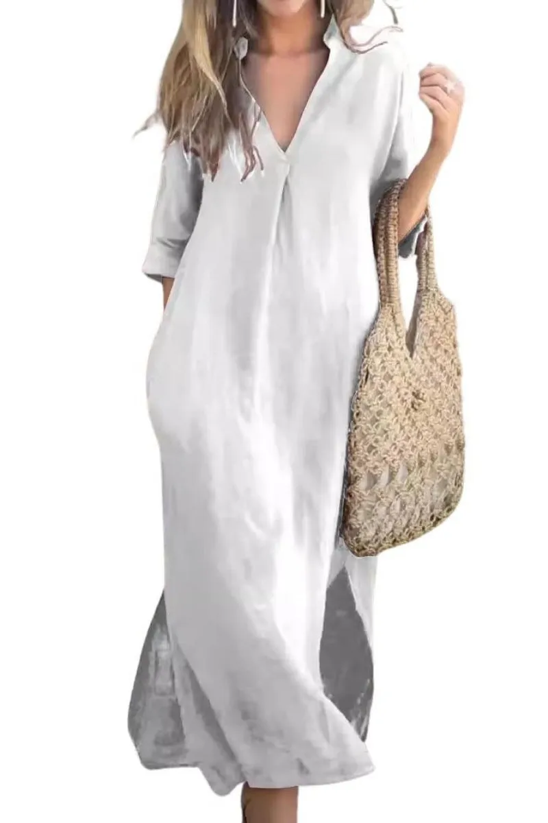 Chouyatou Womens Cotton Linen Maxi Dresses Casual Loose Fit V Neck 3/4 Sleeve Side Slit A Line Linen Long Dress