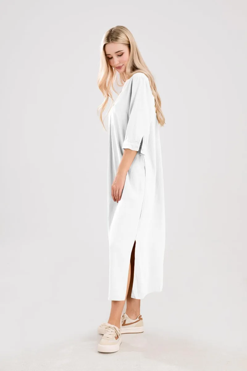 Chouyatou Womens Cotton Linen Maxi Dresses Casual Loose Fit V Neck 3/4 Sleeve Side Slit A Line Linen Long Dress