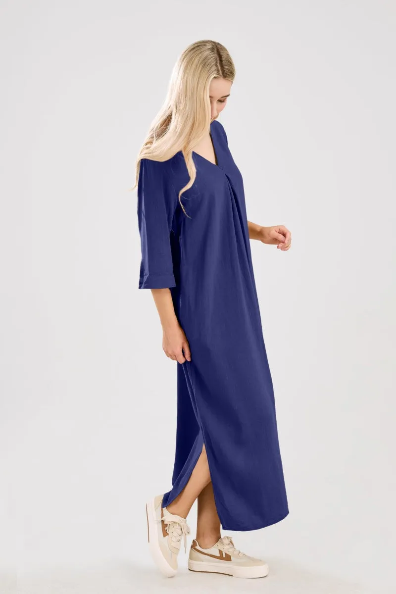 Chouyatou Womens Cotton Linen Maxi Dresses Casual Loose Fit V Neck 3/4 Sleeve Side Slit A Line Linen Long Dress