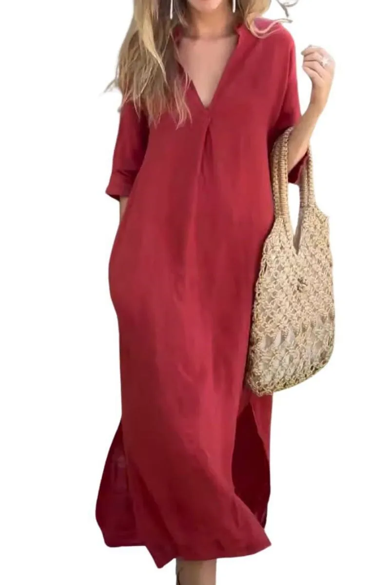 Chouyatou Womens Cotton Linen Maxi Dresses Casual Loose Fit V Neck 3/4 Sleeve Side Slit A Line Linen Long Dress