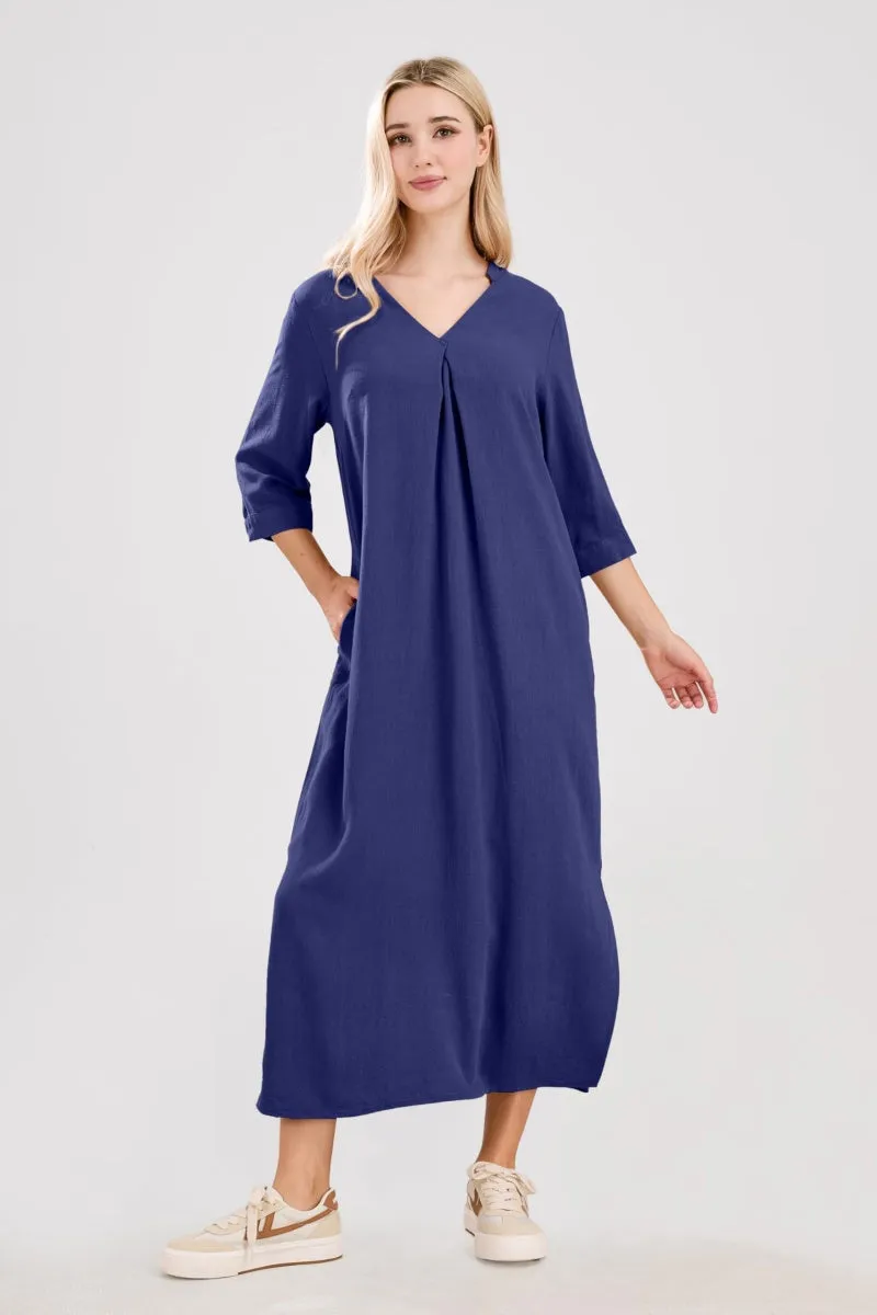 Chouyatou Womens Cotton Linen Maxi Dresses Casual Loose Fit V Neck 3/4 Sleeve Side Slit A Line Linen Long Dress