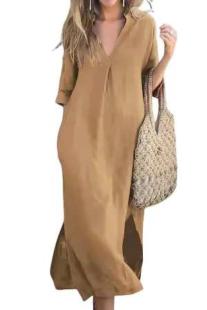 Chouyatou Womens Cotton Linen Maxi Dresses Casual Loose Fit V Neck 3/4 Sleeve Side Slit A Line Linen Long Dress