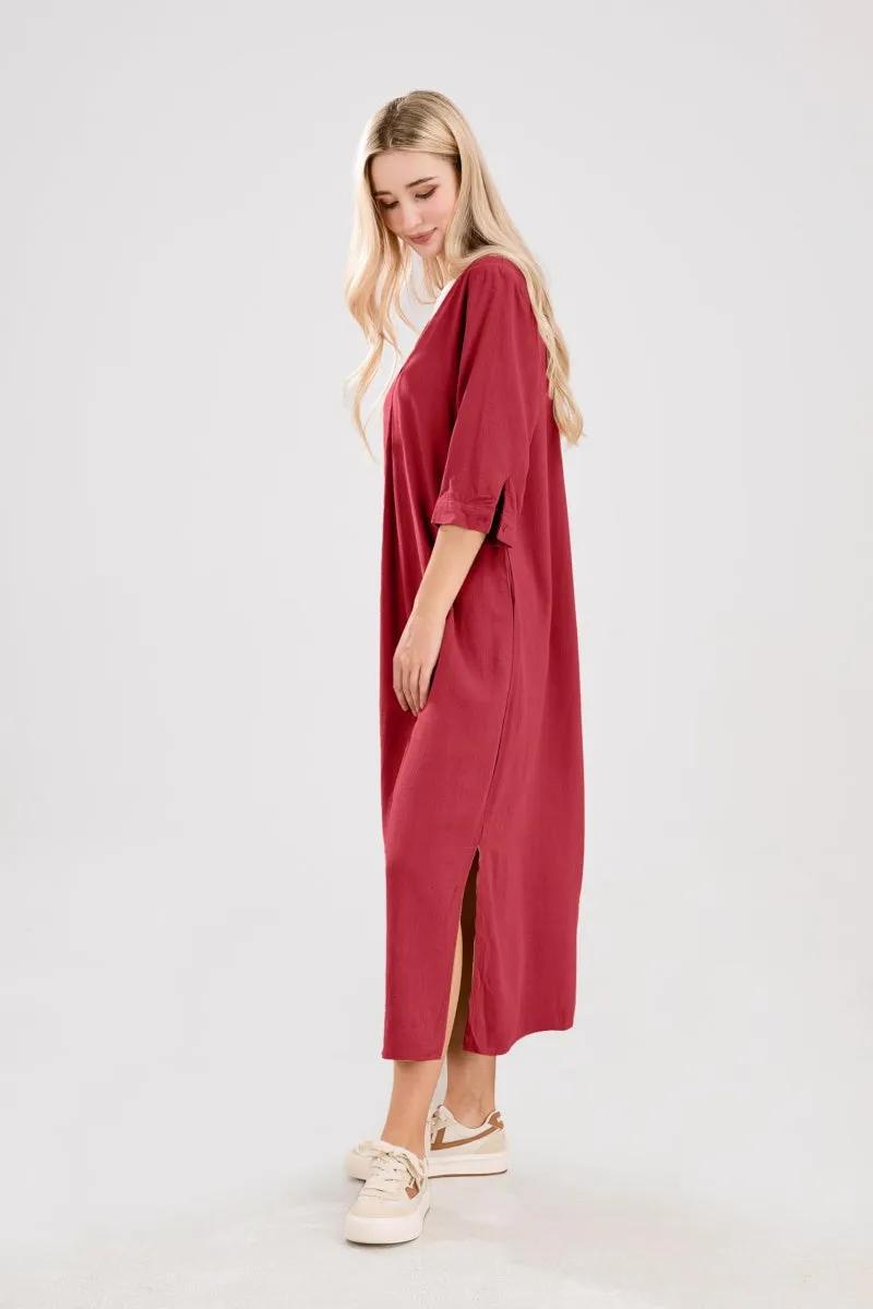 Chouyatou Womens Cotton Linen Maxi Dresses Casual Loose Fit V Neck 3/4 Sleeve Side Slit A Line Linen Long Dress