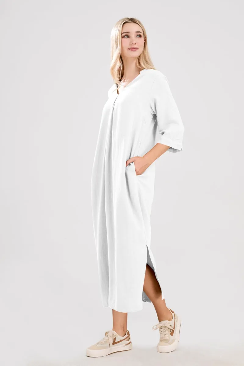 Chouyatou Womens Cotton Linen Maxi Dresses Casual Loose Fit V Neck 3/4 Sleeve Side Slit A Line Linen Long Dress