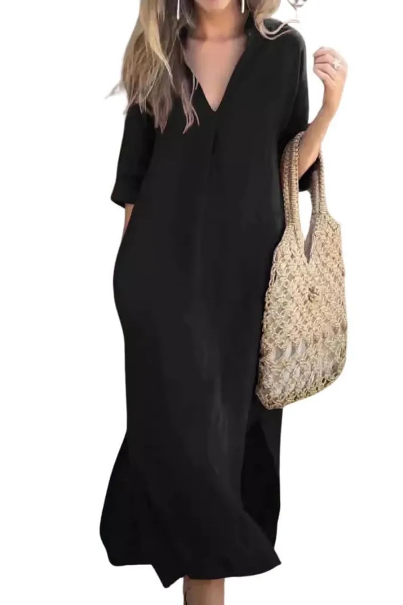 Chouyatou Womens Cotton Linen Maxi Dresses Casual Loose Fit V Neck 3/4 Sleeve Side Slit A Line Linen Long Dress