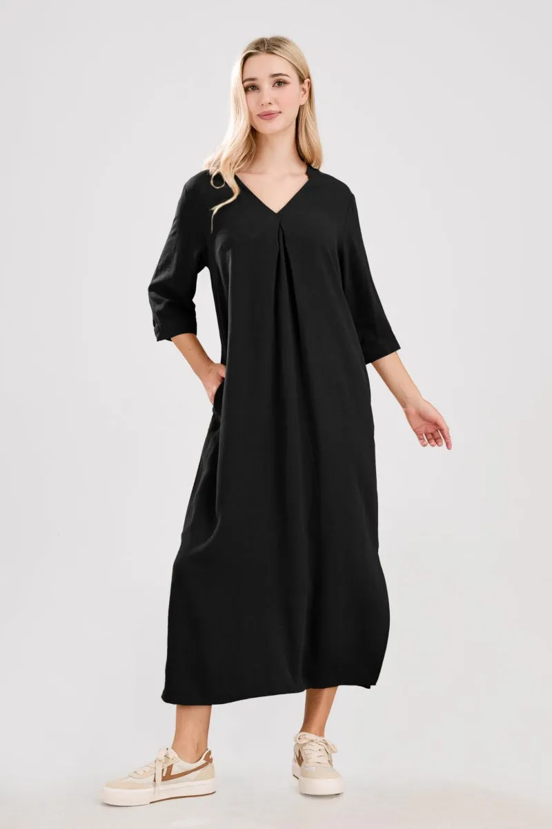 Chouyatou Womens Cotton Linen Maxi Dresses Casual Loose Fit V Neck 3/4 Sleeve Side Slit A Line Linen Long Dress