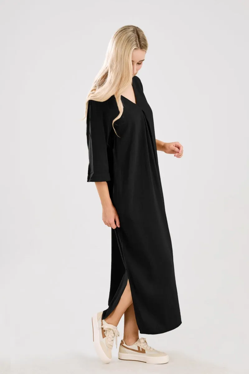 Chouyatou Womens Cotton Linen Maxi Dresses Casual Loose Fit V Neck 3/4 Sleeve Side Slit A Line Linen Long Dress