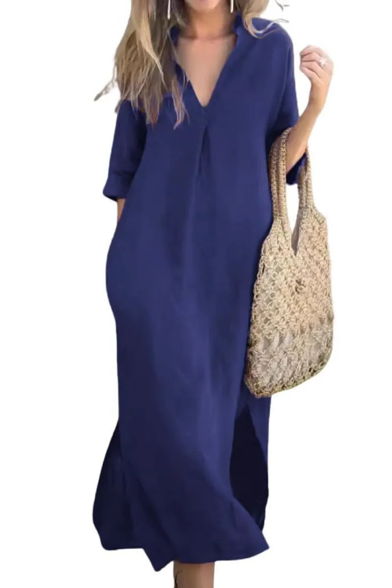 Chouyatou Womens Cotton Linen Maxi Dresses Casual Loose Fit V Neck 3/4 Sleeve Side Slit A Line Linen Long Dress