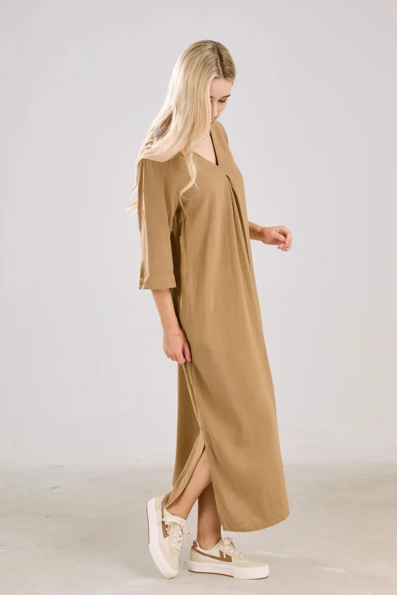Chouyatou Womens Cotton Linen Maxi Dresses Casual Loose Fit V Neck 3/4 Sleeve Side Slit A Line Linen Long Dress