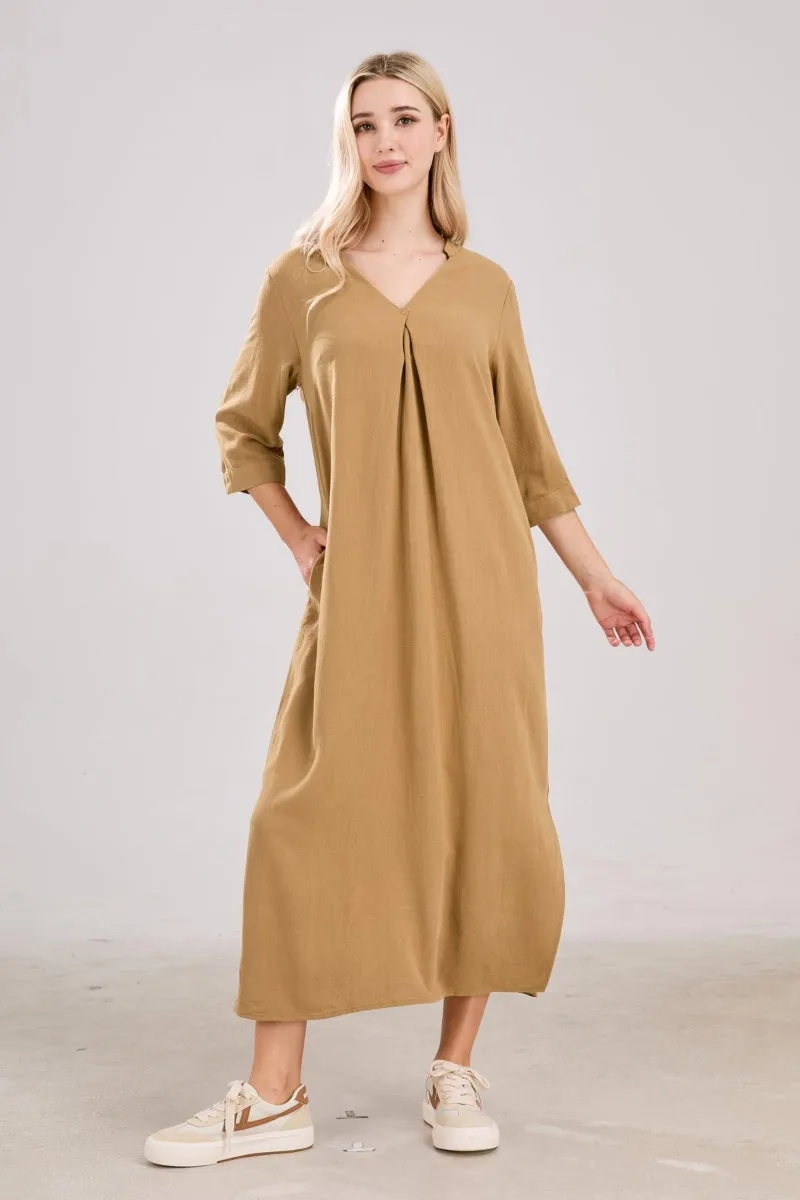 Chouyatou Womens Cotton Linen Maxi Dresses Casual Loose Fit V Neck 3/4 Sleeve Side Slit A Line Linen Long Dress