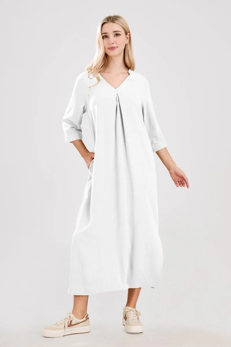 Chouyatou Womens Cotton Linen Maxi Dresses Casual Loose Fit V Neck 3/4 Sleeve Side Slit A Line Linen Long Dress