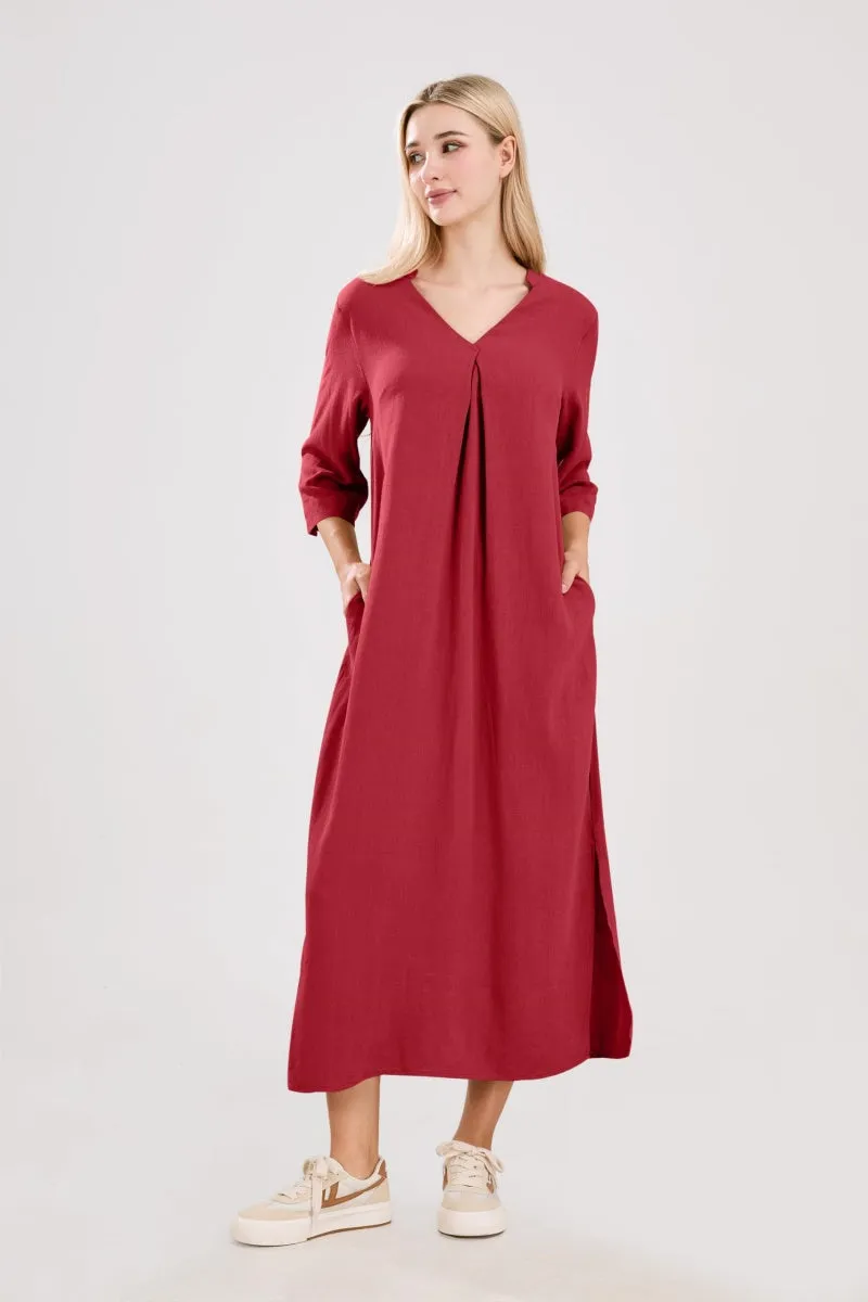 Chouyatou Womens Cotton Linen Maxi Dresses Casual Loose Fit V Neck 3/4 Sleeve Side Slit A Line Linen Long Dress