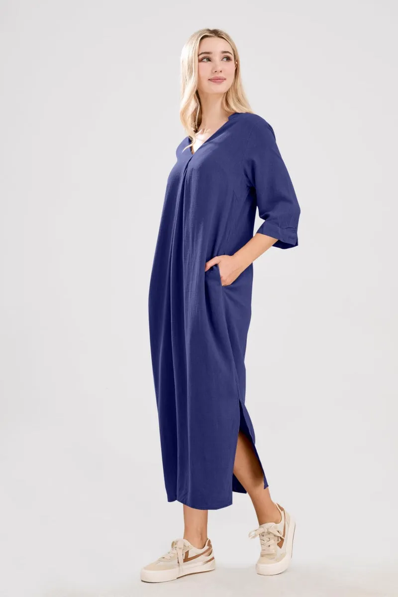 Chouyatou Womens Cotton Linen Maxi Dresses Casual Loose Fit V Neck 3/4 Sleeve Side Slit A Line Linen Long Dress