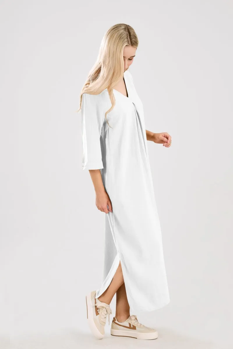 Chouyatou Womens Cotton Linen Maxi Dresses Casual Loose Fit V Neck 3/4 Sleeve Side Slit A Line Linen Long Dress