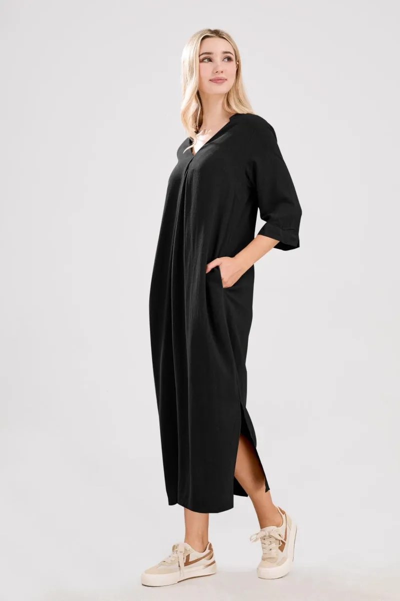Chouyatou Womens Cotton Linen Maxi Dresses Casual Loose Fit V Neck 3/4 Sleeve Side Slit A Line Linen Long Dress